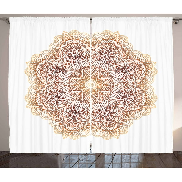Mandala Curtains 2 Panels Set, Ethnic Hand-Drawn Doodle Mandala with