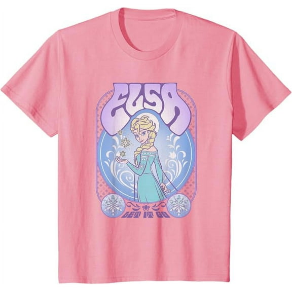 Frozen Elsa Let It Go Seventies Retro Poster Short Sleeve Youth T-Shirt For Boy Girl Kids Toddler, Light Pink Color, Size XS