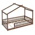 thumbnail image 6 of Twin Size Floor Bed Frame with Roof, Solid Wood Montessori Bed with Fence-Shaped Guardrails and Slat Support, Playhouse Bed for Kids Boys Girls, No Box Spring Needed, Walnut, 6 of 7
