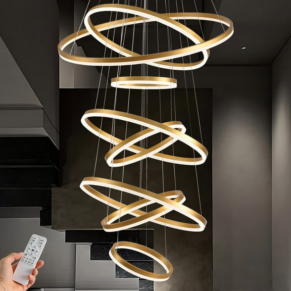 Large 8-Ring Gold LED Chandelier for High Ceilings, Modern Dimmable Chandelier with Remote Control, Adjustable Foyer Lighting for Entryway, Staircase, Living Room