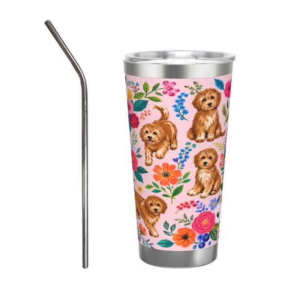 20oz Floral Doodle Dog Insulated Tumbler with Handle and Straw Cute Puppy Travel Cup Gift for Dog Lovers with Stainless Steel Straw