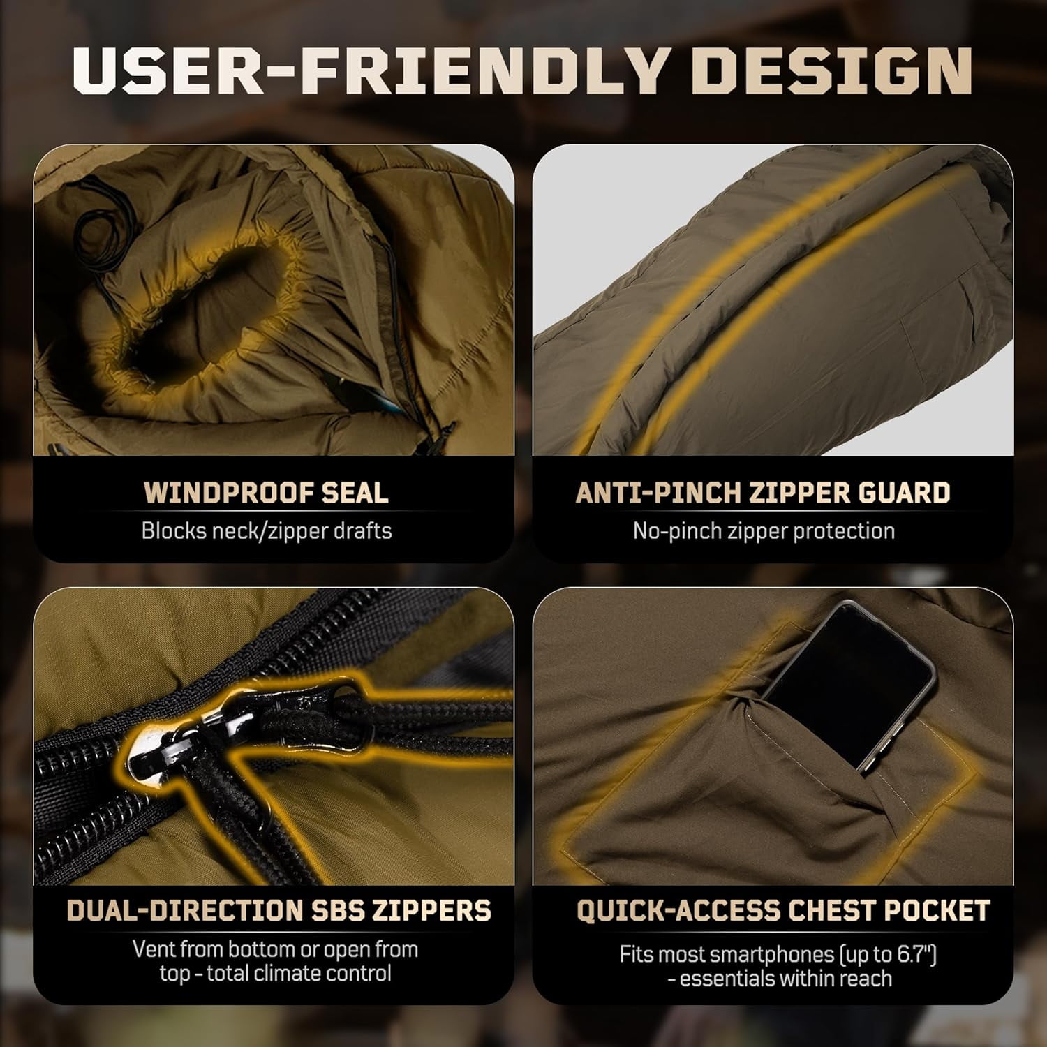 Sleeping Bag for Adults, 25-36℉Cold Weather Mummy Bag, Lightweight 3–4 Season Winter with Adjustable Hood, Phone Pocket & Compression Sack Camping Hiking Backpacking