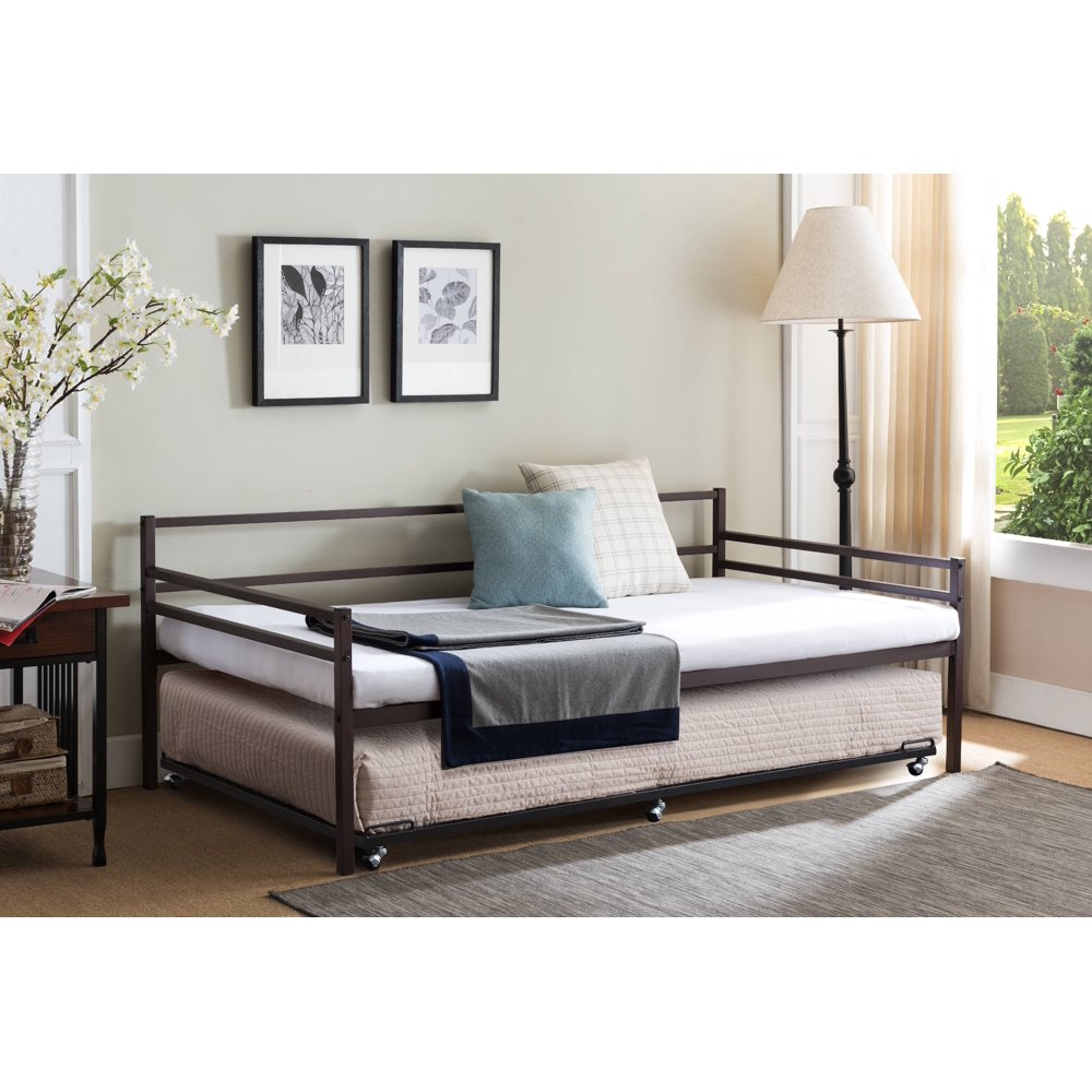 Jeru Platform Daybed Frame With PopUp Trundle Set, Twin, Bronze Metal