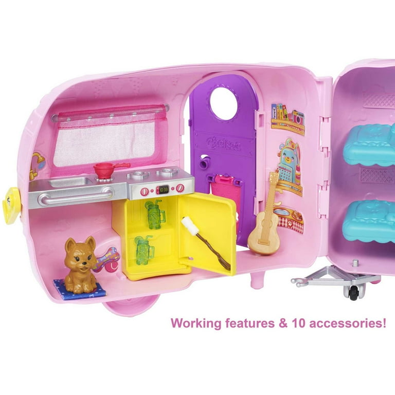 Barbie Club Chelsea Camping Set, Pink Camper with Blonde Doll, Pet