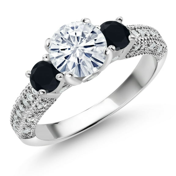 Gem Stone King 925 Sterling Silver White Moissanite and Black Onyx Engagement Ring for Women (1.72 Cttw, Gemstone, Round 7MM and 4MM, Size 5)