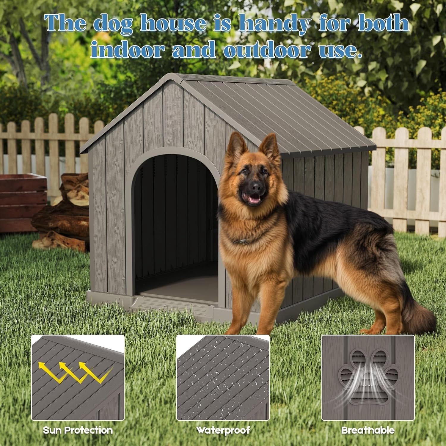 Large Dog House Outdoor Indoor for Medium Large Dogs, Sturdy Plastic Waterproof Doghouse with Air Vents and Elevated Floor, Easy Clean and Assemble (Grey, 36.2''L×38''W×38''H)