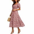 thumbnail image 4 of NTACZA Women Dresses Tiered Hem Casual Sundress Daisy Floral Maxi Ruched Waist A-Line Square Neckline Short Sleeve Beach Size XL, 4 of 6