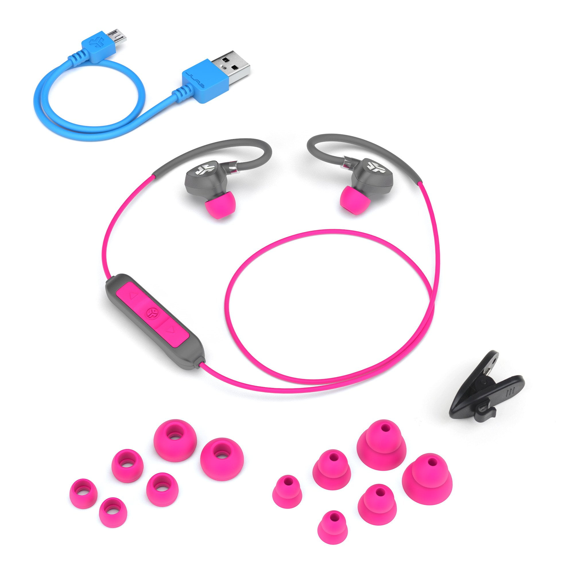 JLab Audio Fit 2.0 Bluetooth Wireless Sport Earbuds - Gray / Pink - Titanium 10mm Drivers 6 Hour Battery Life Bluetooth 4.1 IP55 Sweat Proof Rating Extra Gel Tips Flexible Memory Wire