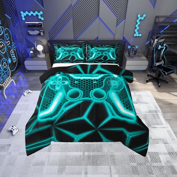 Erosebridal Teal Gamepads Bedding Twin Comforter Set,Video Game Down Comforter,Geometric Plaid Bedding Sets Twin with Comforter,Microfiber Male Bedroom Decor,Reversible,2-Piece