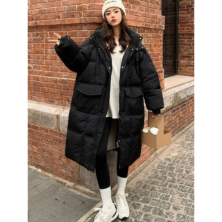 Long black puffer jacket korean hot sale
