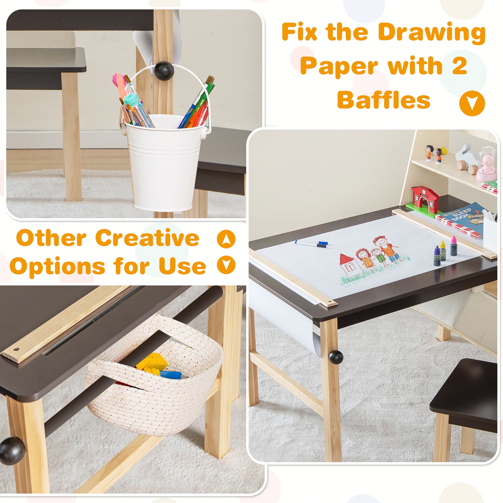 Costway Kids Art Table and Chairs Set with Paper Roll and Storage Bins, Coffee/Natural