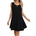 thumbnail image 2 of Women'S Summer Solid Color Round Neck Hollow Pleated Sleeveless Dress with Pockets Black S, 2 of 9