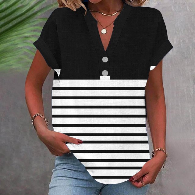 Babysbule Blouse Décontractée pour Femme à Col en V Imprimée à Manches Courtes en Polyester Doux et Confortable, Haut à Boutons pour la Maison, le Bureau, les Vacances, Toutes Saisons