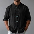 thumbnail image 2 of UVEASISHA Linen Shirts for Men Roll Up Long Sleeve Beach Shirt Stand Collar Casual Chinese Frog Button Shirts Solid Color Vacation Wear Black L, 2 of 8