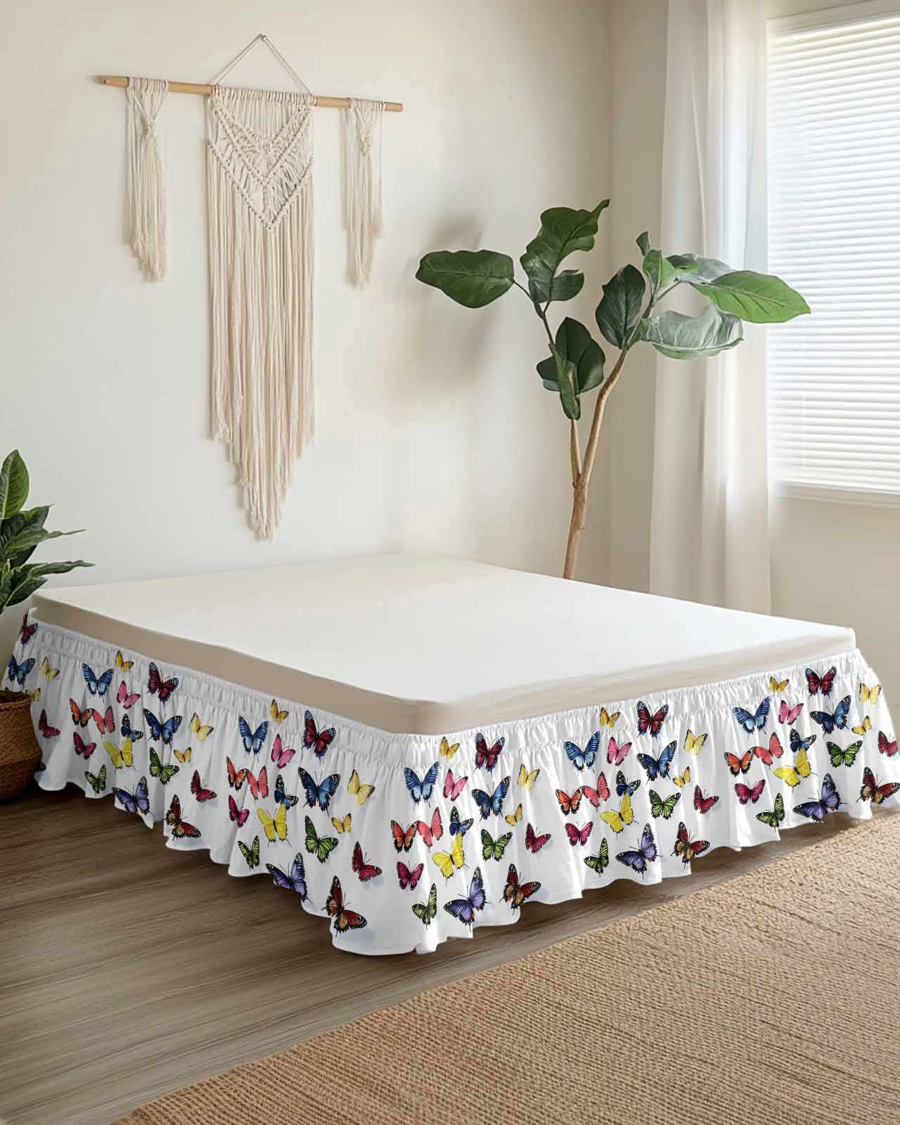 Butterfly Print Wrap Around Bed Skirts for Queen Bed 18" Drop, Bed Skirt with Adjustable Elastic Belt Dust Ruffle Bed Valance for Bedroom Hotel Luxury Modern Colorful Animals Bed Frame Cover