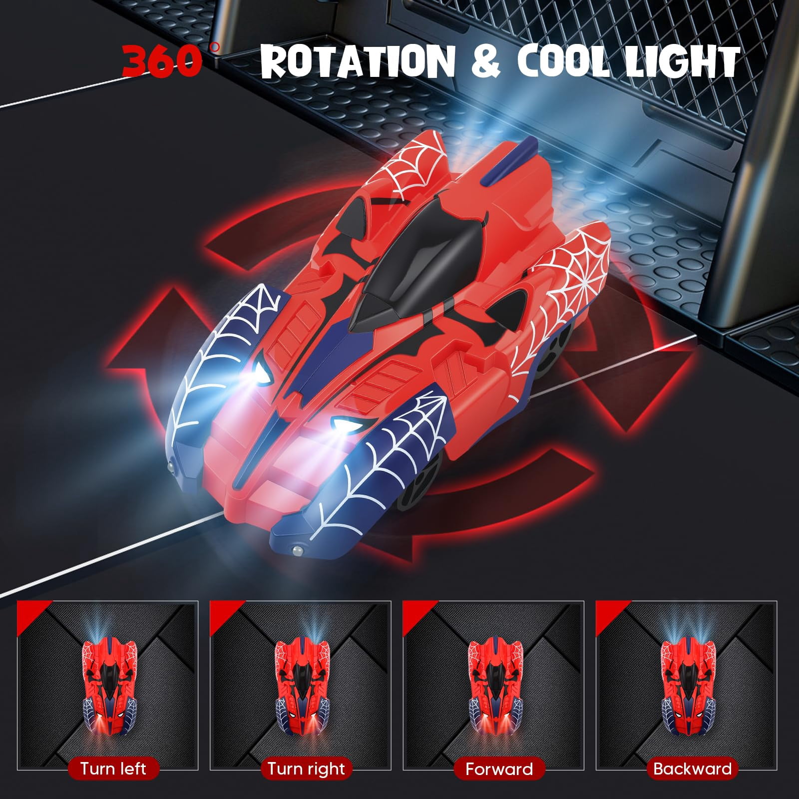 Spider Wall Climbing RC Car, Zero Gravity Dual Mode Remote Control Race Car with 360° Rotation & LED Lights for Kids Boys Girls, Red