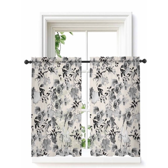 Black Grey Spring Floral Curtains 54 Inch Length,Sheer Curtains for Bedroom Living Room Window Summer Botanical Watercolor Rustic Voile Drapes Kitchen Curtains Small Half Window 52"x54" 2 Panels