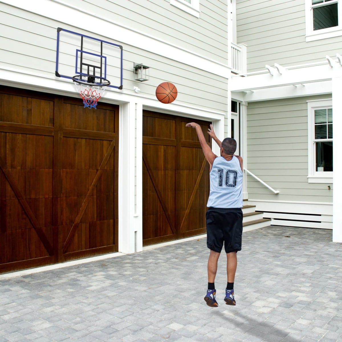 Wall-mounted basketball hoop, 45 x 29 inches shatterproof back, folding hoop, durable hp, 45 x 29 inches shatterproof back, folding hoop, durable hoop and all-weather mesh for indoor and outdoor use