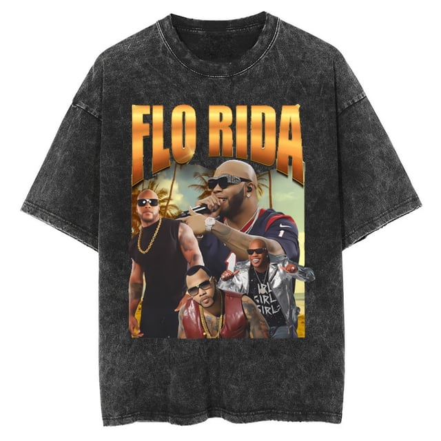 Flo Rida 2024 Concert Tour Washed Cotton T-Shirt - Unisex Casual Fashion Short Sleeve Tee,XXL,Black