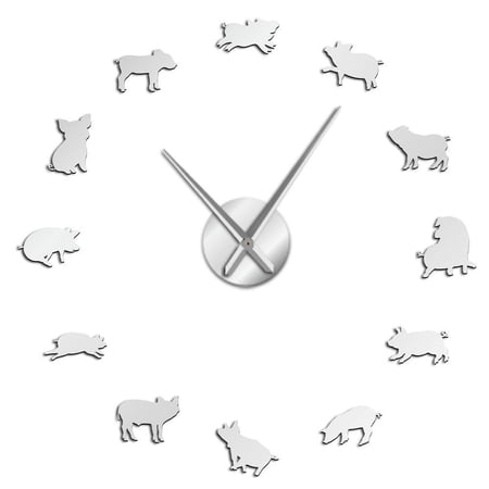 Cute Pig Cartoon Silhouette Frameless Wall Clock Stickers, DIY Modern Decorative Clocks for Living Room, Bedroom, Office - Easy to Install, Large 3D Clock Design (Silver,47in)