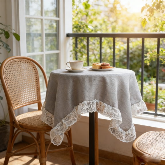 Homekingdee Round Polyester Tablecloth with Lace Trim - 40 Inch Elegant Dining Table Cover for Home Use in Gray, White, Blue