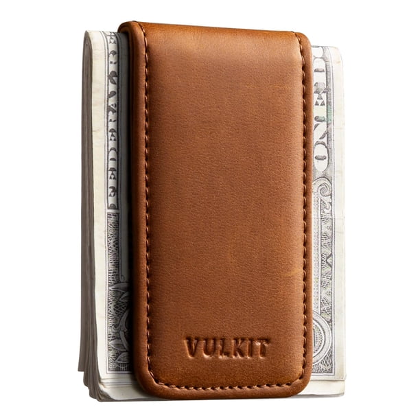 Billetera VULKIT con clip magnético de piel para billetes, delgado, 8 x 5 cm