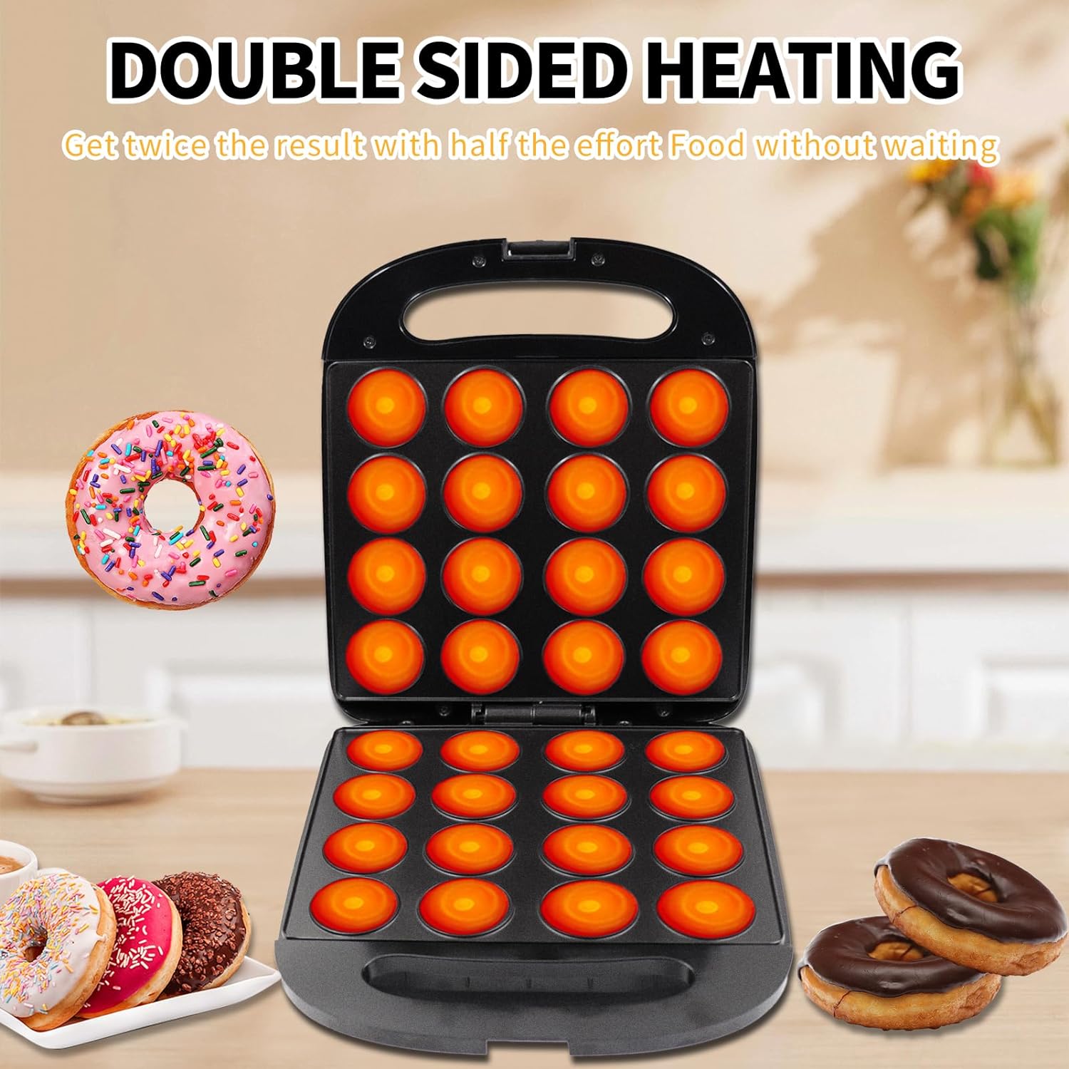 SAVALETOR Mini Donut Maker,Non Stick Donut Maker Machine,Mini Pancake Maker Machine Double Sided Heating ,16 Holes Mini Donuts For Home Baking Breakfast, Snacks, Desserts & More,Easy to Clean