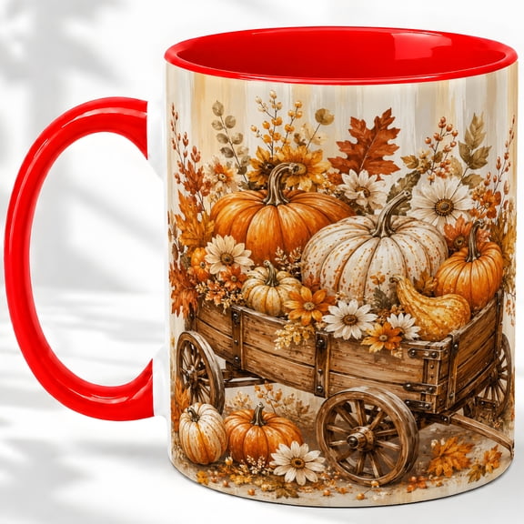 Harvest Wagon Pumpkin Accent Mug, 11oz Ceramic Coffee Cup for Fall Fans Ceramic mug featuring harvest wagon with pumpkins, gourds, and daisies for coffee or tea