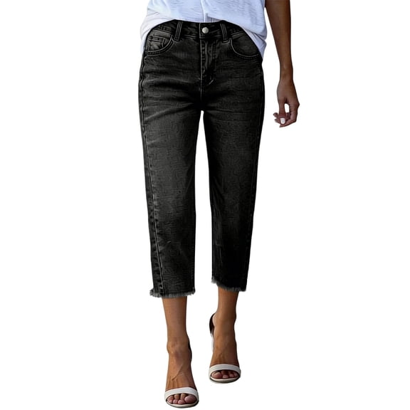 cocolona Womens Summer Casual High Waist Capri Jeans Button Zipper Waist Straight Wide Leg Cropped Denim Pants with Pockets