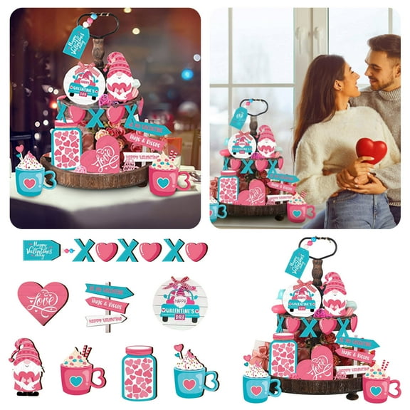 Valentines Day Tiered Tray Decor Set Pink Farmhouse Wooden Signs Heart Truck Plaque Rustic Coquette Home Table Decorations Coffee Bar Shelf Mantel Decor, Approx 3.3-5.7 inch