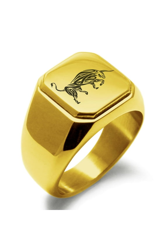 Stainless Steel Celtic Bull Rune Engraved Square Flat Top Biker Style Polished Signet Ring