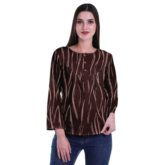 Moomaya Printed Button Placket Full Sleeve Top Round Neck WoMen's Casual Summer Tunic