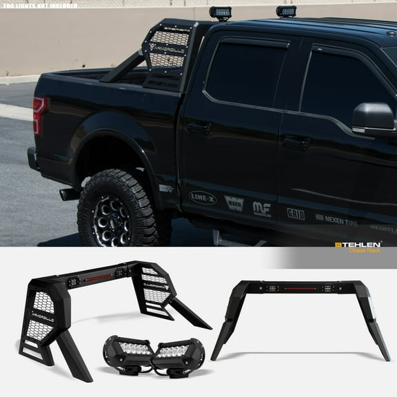 Stehlen 642167818786 Universal Adjustable CR2 Chase Rack Truck Bed Roll Bar with 3rd Third Brake Light & 2x LED Work Lamps Bars & 2x 12Cree LED Fog Light Bars - Matte Black
