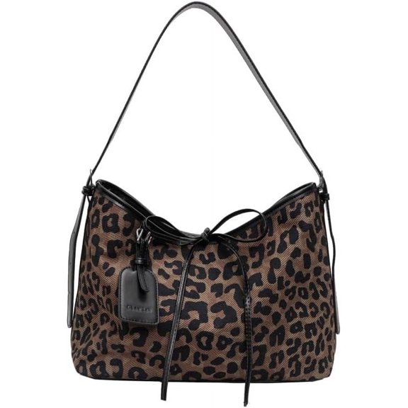 Sunyuer Women Vintage Leopard Print Tote Bag, Large Capacity Lazy Style Commuter Shoulder Hobo Handbag, Fashion Adjustable Strap Crossbody Bag with Drawstring for Daily Work Travel