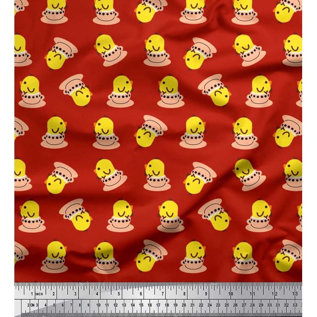 Soimoi polyester Crepe Fabric Cup,Plate & Chick Cartoon Print Fabric by Yard 42 Inch Wide