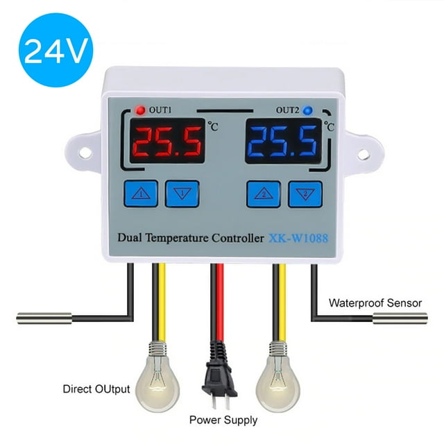 Dual Digital Thermostat Temperature Controller Two Relay Output Thermoregulator for incubator Heating Cooling XK-W1088 DC24V