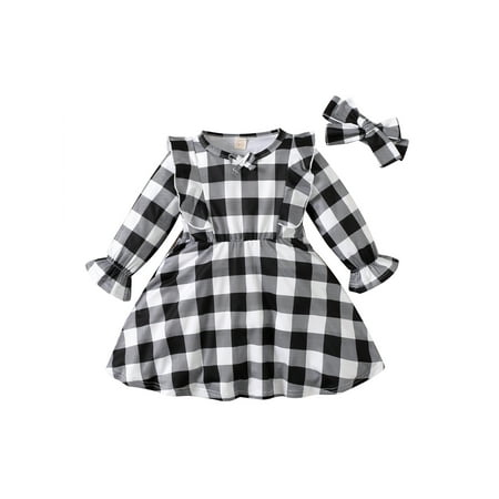 

Sunisery Kids Baby Girls Christmas Dress Clothes Set Plaid Midi Dress with Ruffle Headband Black 18-24 Months