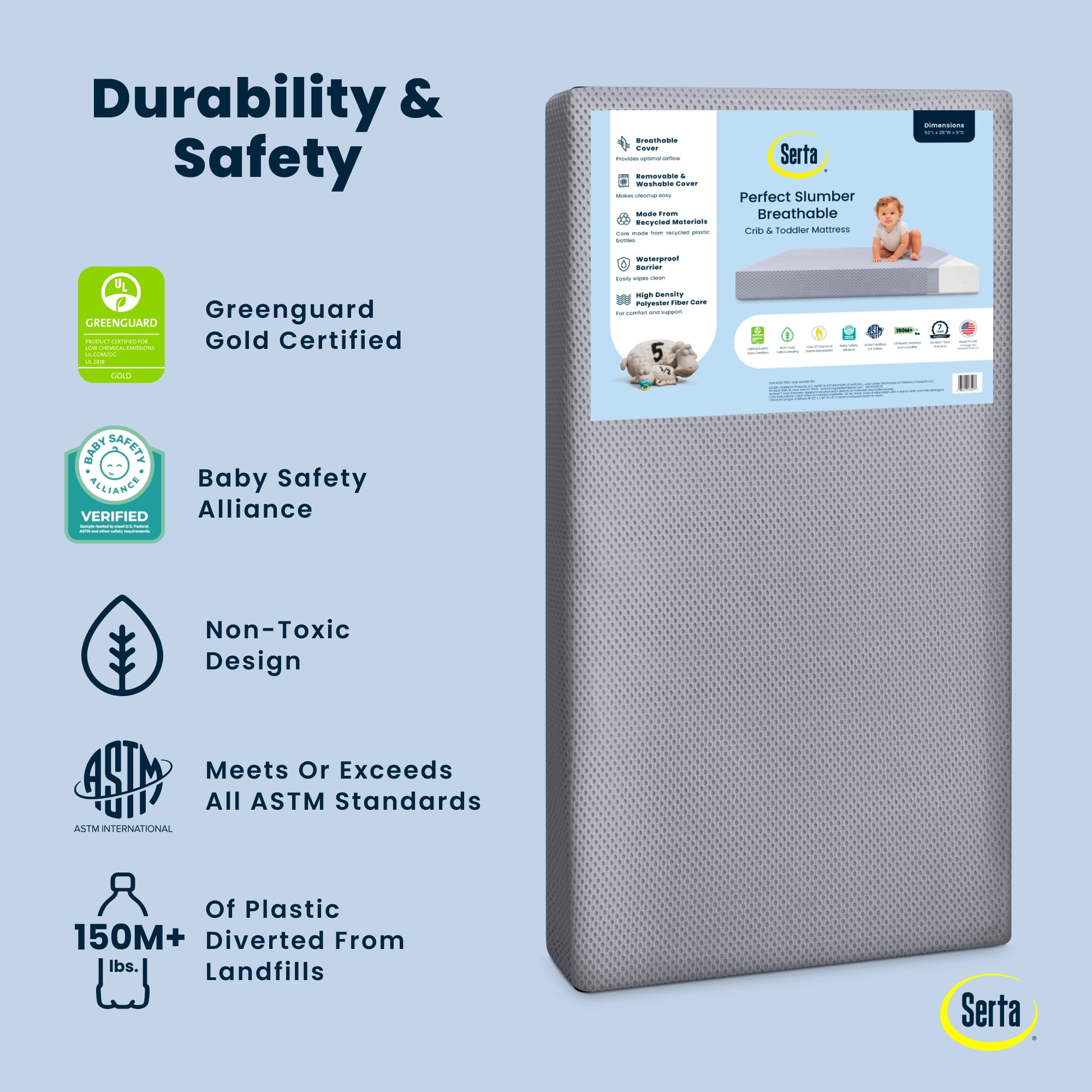 Serta Perfect Slumber Breathable Two-Stage Crib Mattress and Toddler Mattress - Breathable Cover and Fiber Core, Machine Washable Cover, Waterproof, 7 Year Warranty, A
