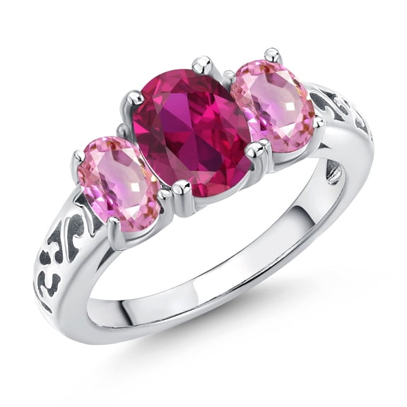 Gem Stone King 925 Sterling Silver Red Created Ruby and Pink Sapphire Filigree Style 3 Stone Ring for Women (2.55 Cttw, Oval 8X6MM and 6X4MM) (Size 8)
