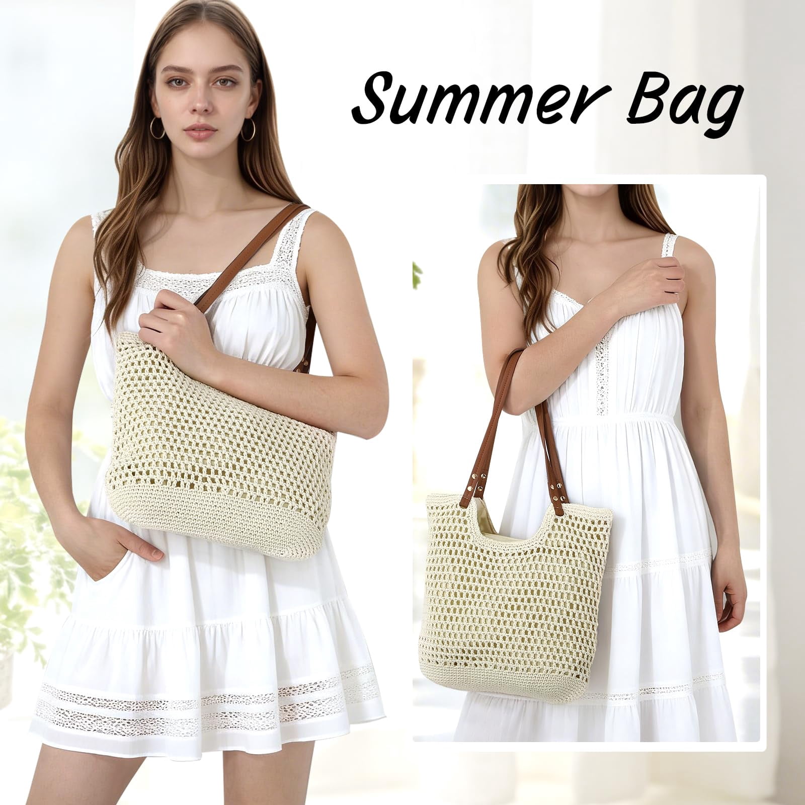 mirlewaiy Beach Bags for Women Woven Crochet Summer Purse 2026 | Boho Tote Bag, 13.8" Large Capacity, Tote Bag with Zipper, Foldable Packable, Beach Shipping, Vacation Purse