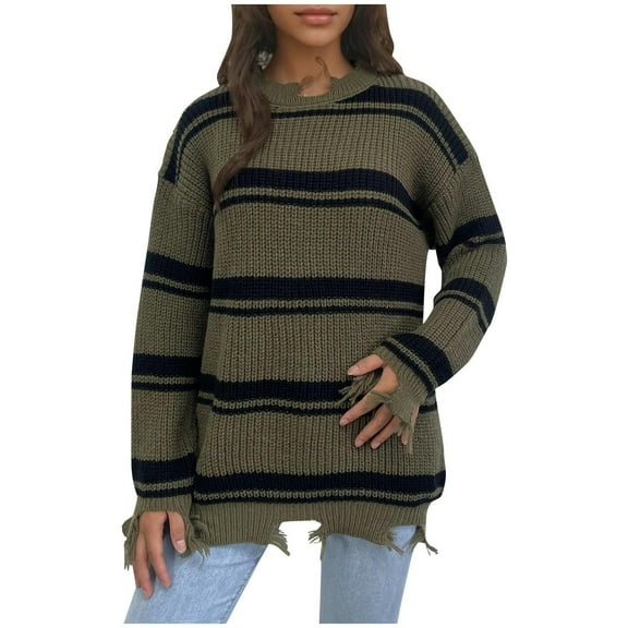 Quinlirra Sweaters for Women Trendy 2025 Women's Casual Loose Knit Sweater Withedges Tassel Round Neck Sweater