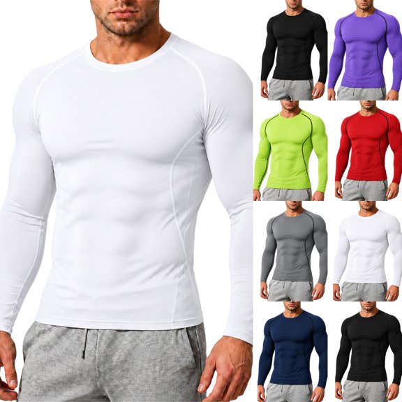 Men's Compression Shirts Long Sleeve Rash Guard Workout Undershirt Base Layer Athletic Shirt White S