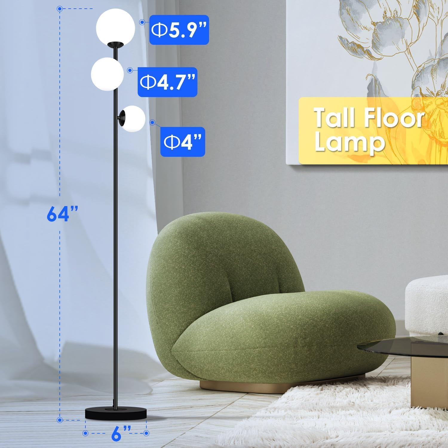 3 Globe Eclectic Floor Lamp - 3 Color Options Moderm Floor Lamps for Living Room, Mid Century Standing lamp Home Decor for Bedrooms Office(Matte Black, LED Bulbs Included)
