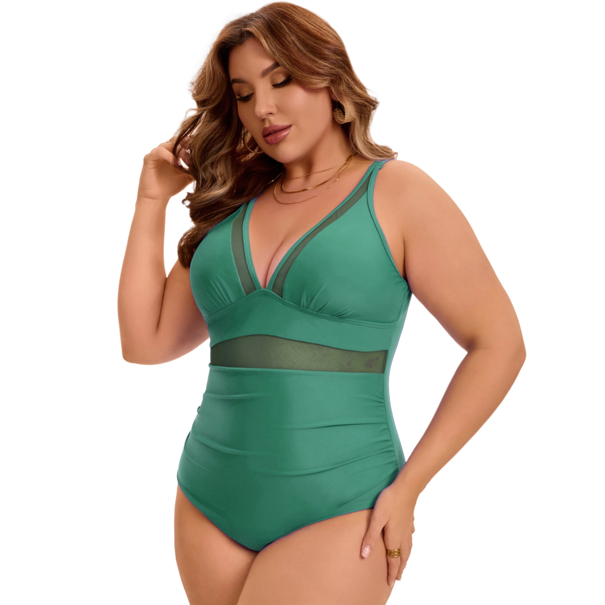DARING DIVA Women's Plus Swimsuit Mesh V Neck Bathing Suit 4X Dark Green