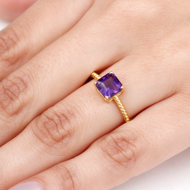Asscher Cut Amethyst Solitaire Ring for Women 8 mm February Birthstone 14K Yellow Gold US 5.50