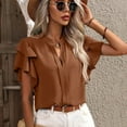thumbnail image 5 of Riforla Women's Summer New V Neck Casual Double Layer Ruffle Sleeve Solid Color Top T-shirts for Women Brown L, 5 of 5