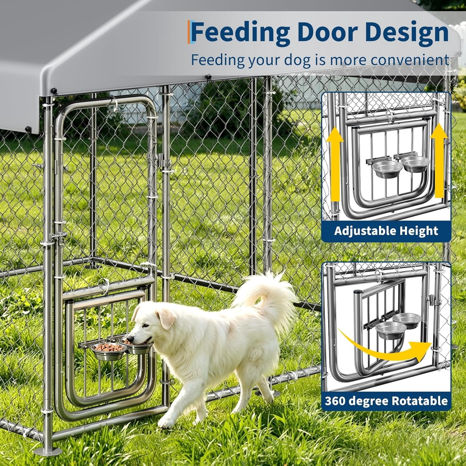7.5×7.5×6.6 FT Home Large Metal Outdoor Dog Kennel, Metal Wire Dog Enclosure with Waterproof Roof & Adjustable Bowls Feeder for Backyard Farm