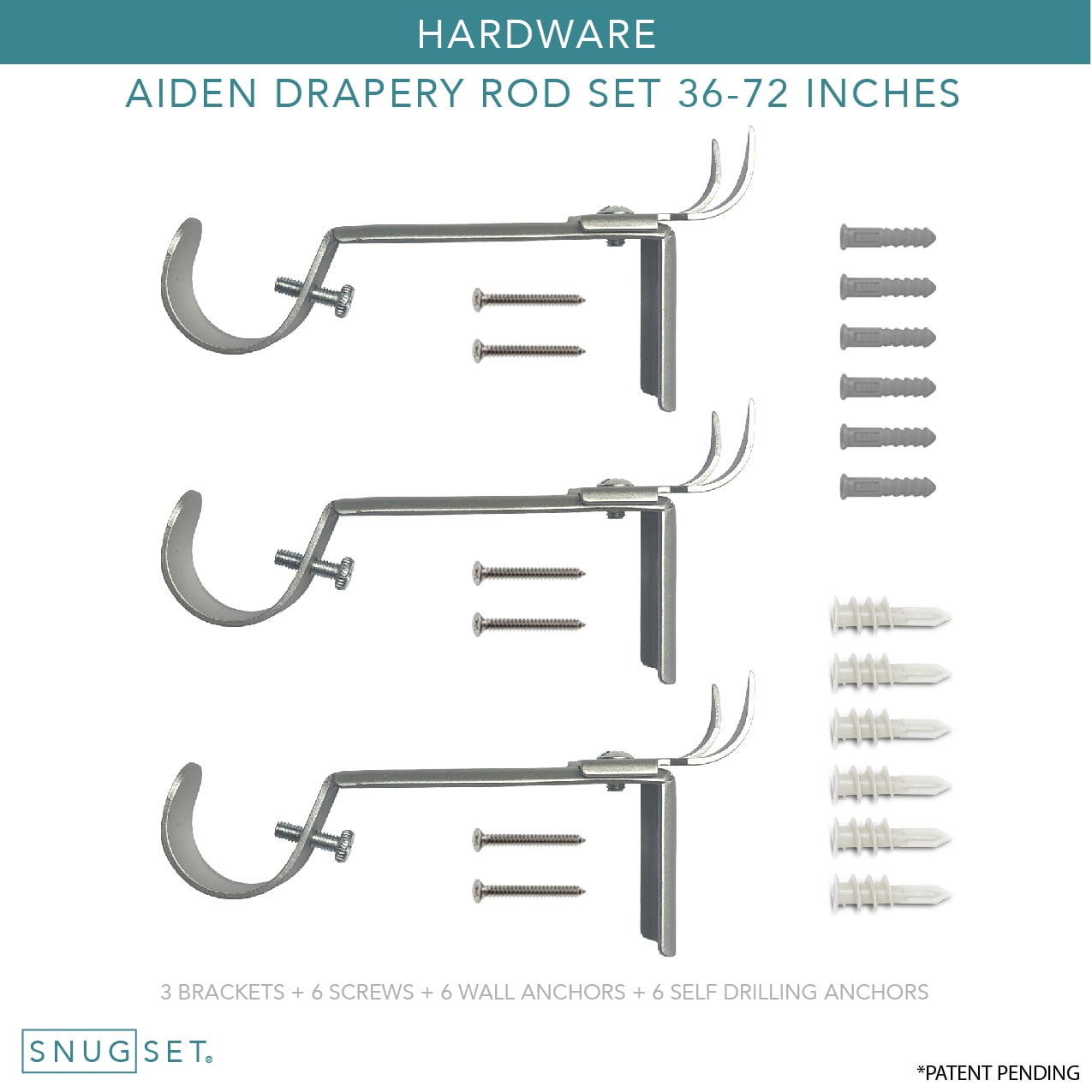 SnugSet 1" Nickel Andrew Square Adjustable Single Curtain Rod, 36"-72"