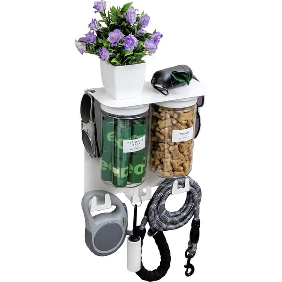 Wall Mounted Dog Leash Holder with Shelf and Two Airtight Treat Jars