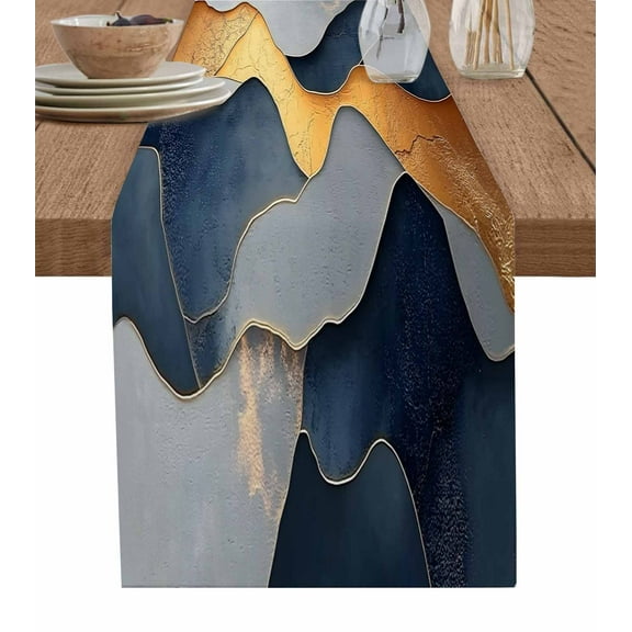ERUNPONLY Gold Blue Gray Marble Table Runner - 120 Inch Long Modern Abstract Aesthetic Art Cotton and Linen Blended Dress Scarves Farmhouse Table Runner for Kitchen Dining, Coffee Table, 13" x 120"